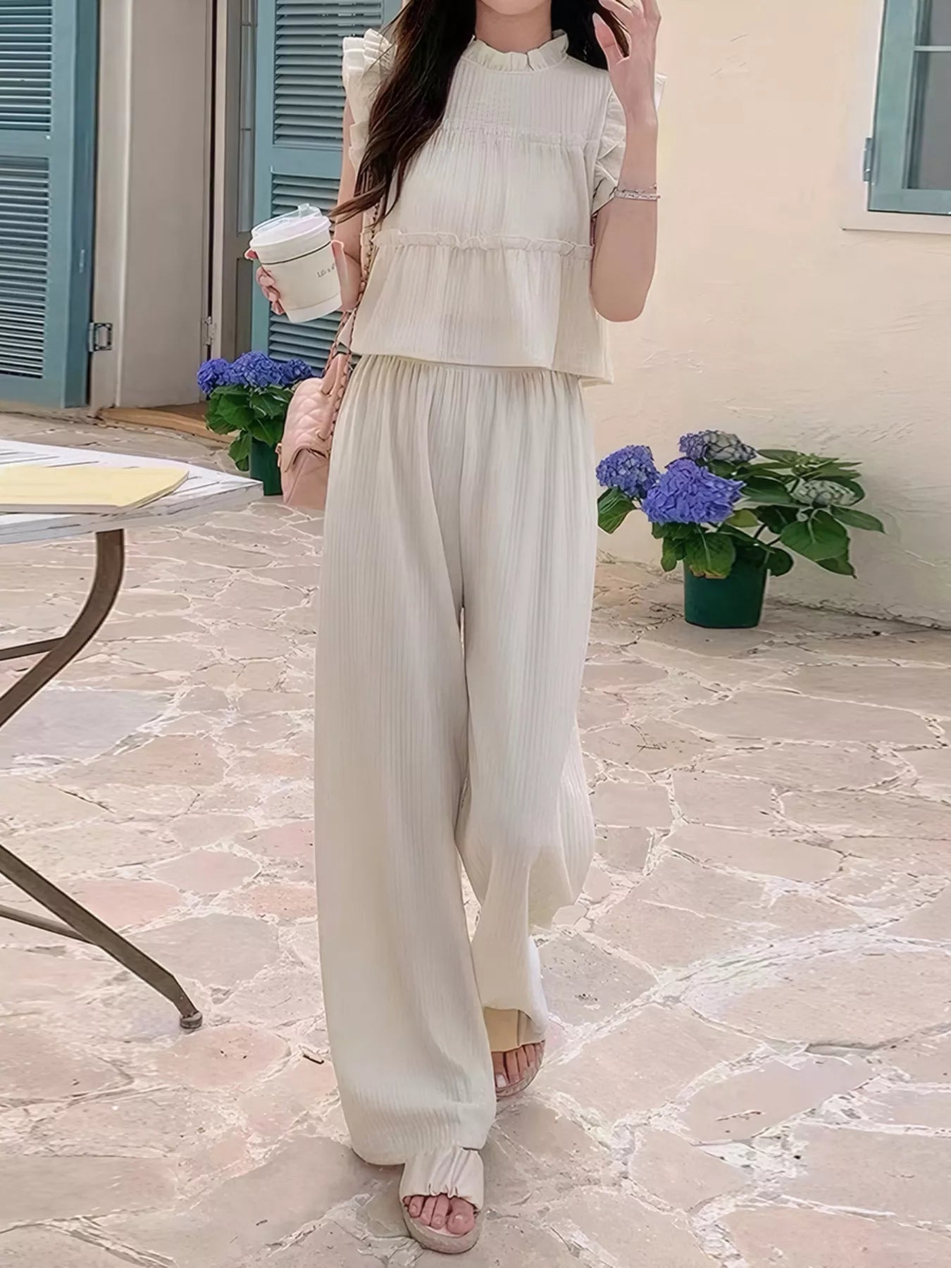 Ruffled Sleeveless Top and Wide Leg Pants Set