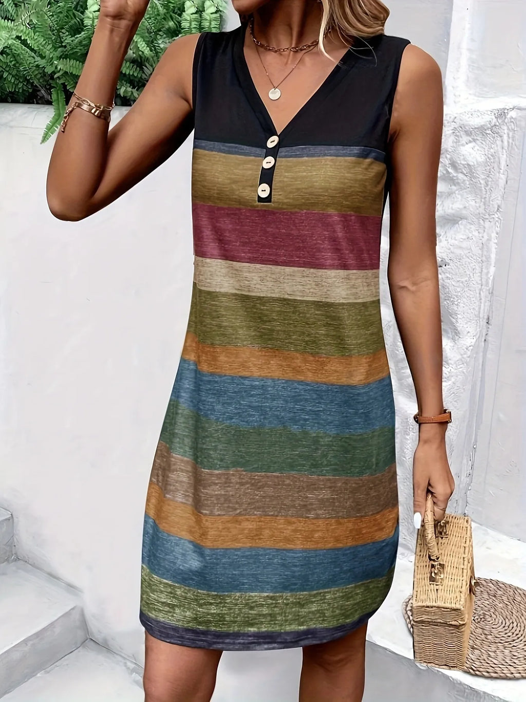 Color Block Sleeveless V-Neck Tank Dress