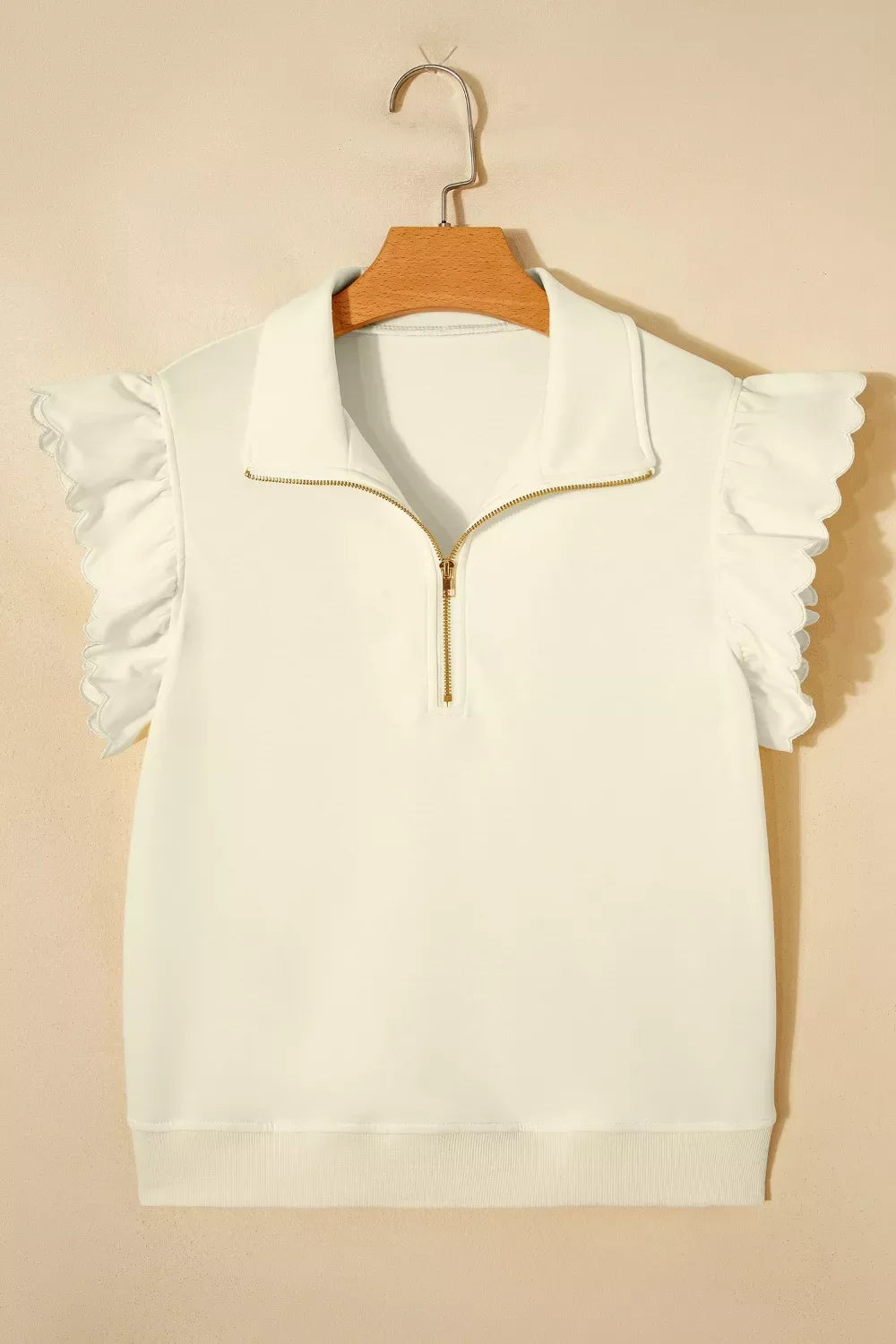 Zipped up Collared Ruffled Short Sleeve Blouse