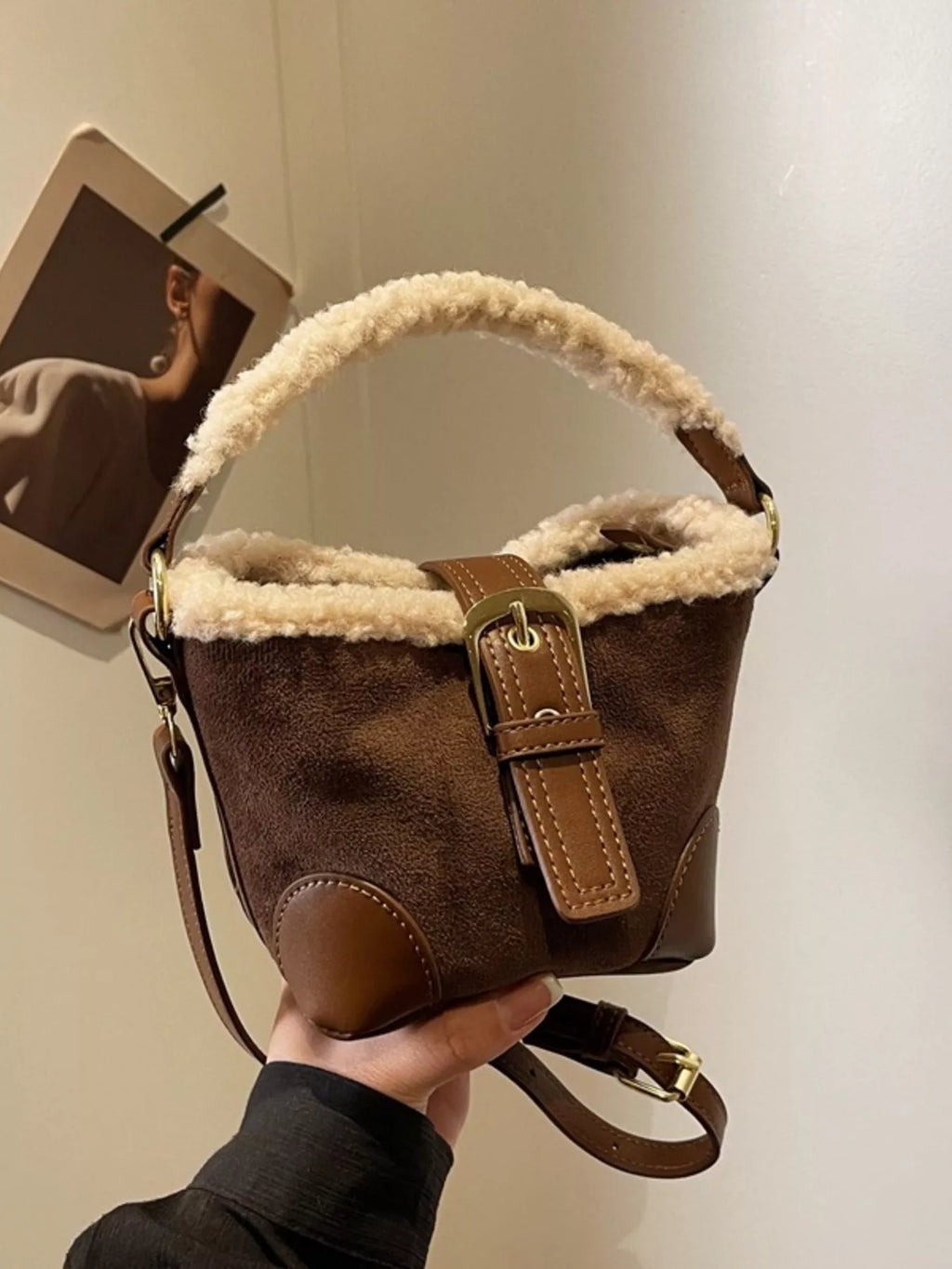 Fuzzy Trim Bucket Crossbody Bag