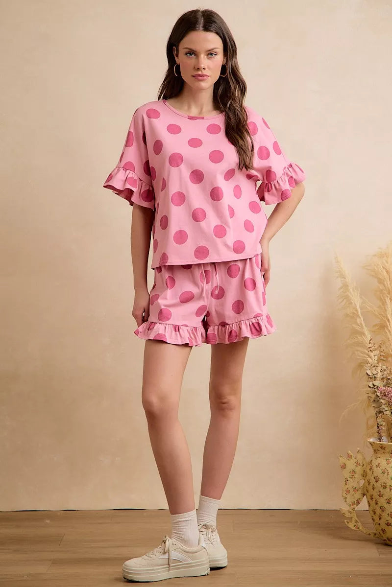 BiBi Polka Dots Printed Ruffled Detail Top And Shorts Set