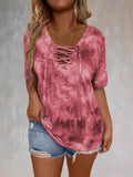 Tie Dye Lace-Up V-Neck Casual T-Shirt