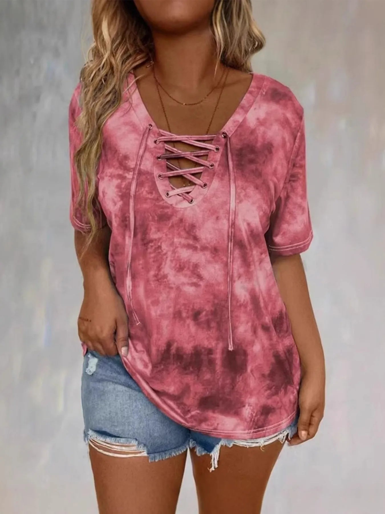 Tie Dye Lace-Up V-Neck Casual T-Shirt