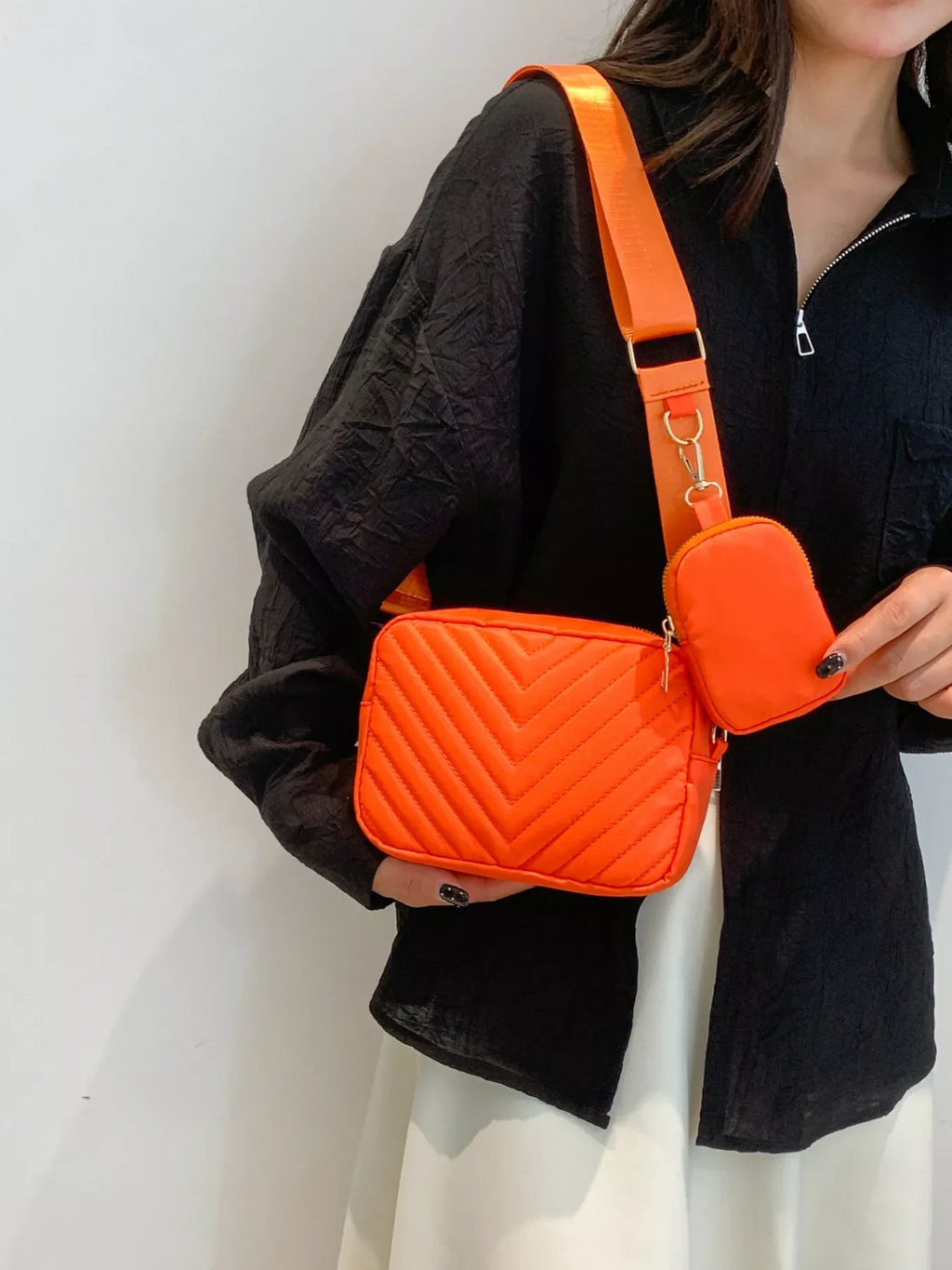 Chevron Quilted Crossbody Bag with Mini Pouch