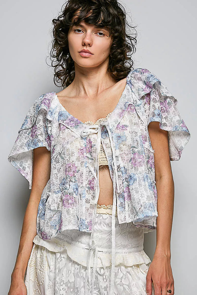 POL Lace Detail Floral Tie Front Ruffle Short Sleeve Blouse