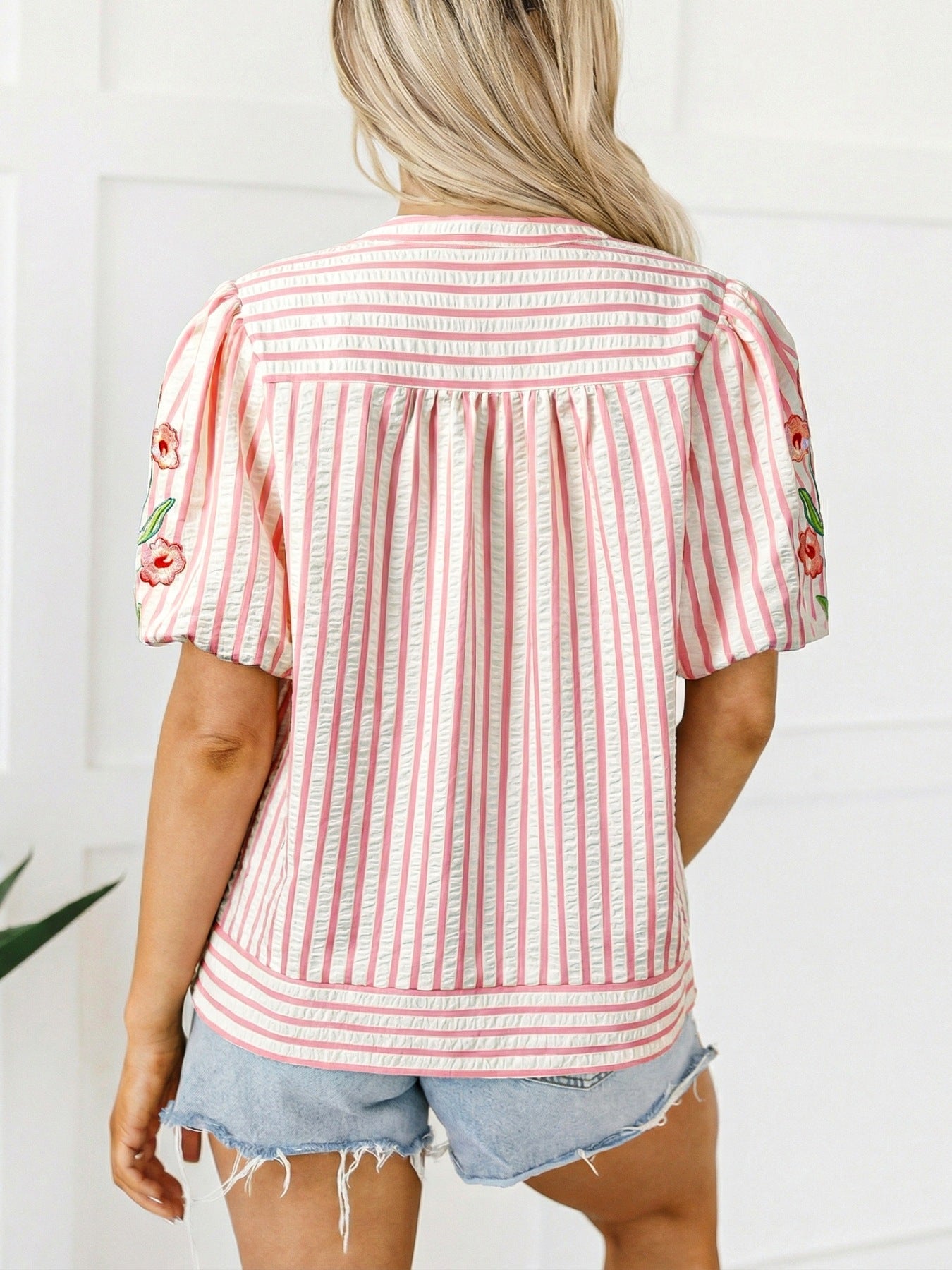 Stripe Print Floral Embroidered Puff Sleeve V Neck Blouse