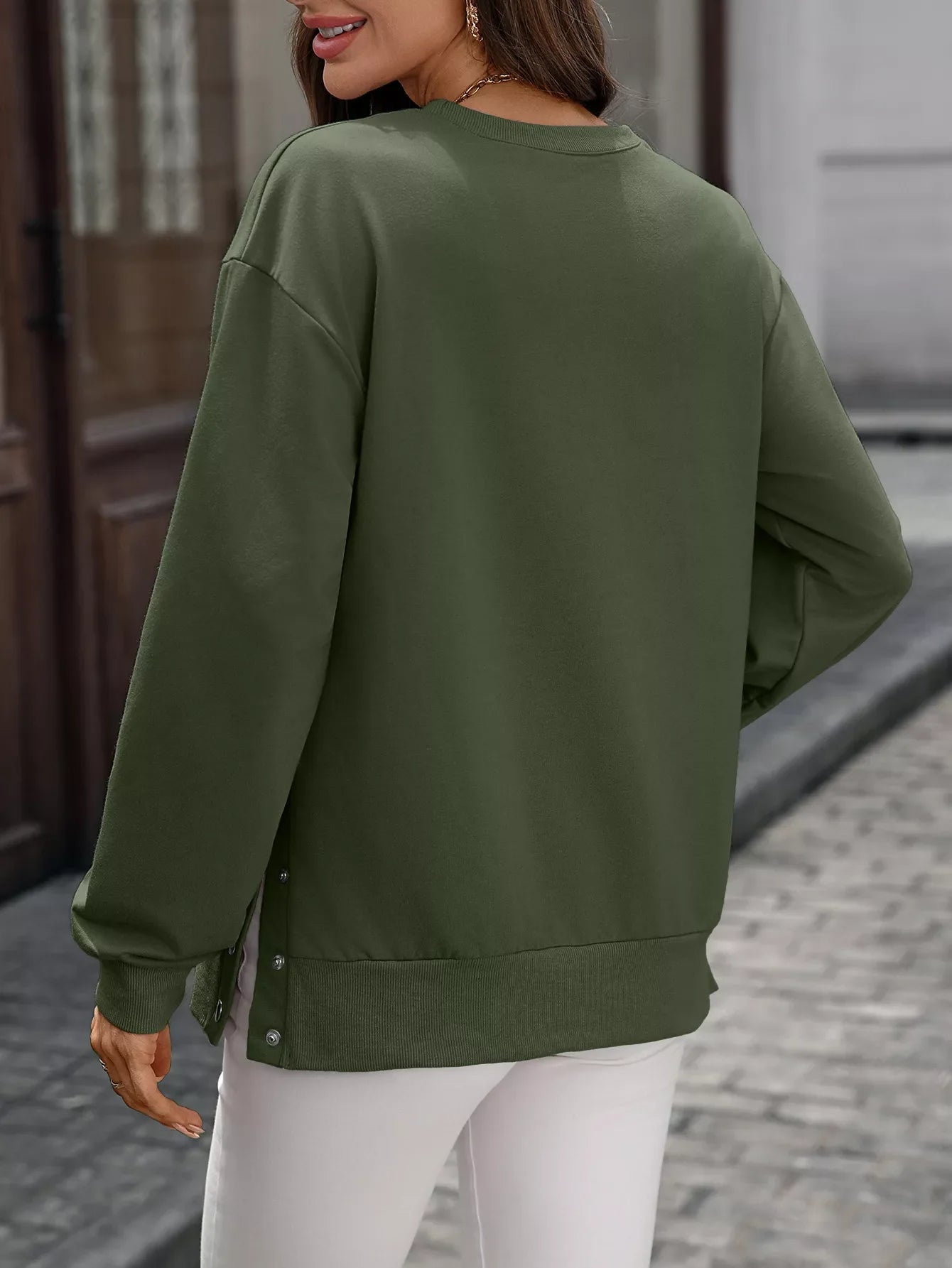 Side Snap Round Neck Sweatshirt