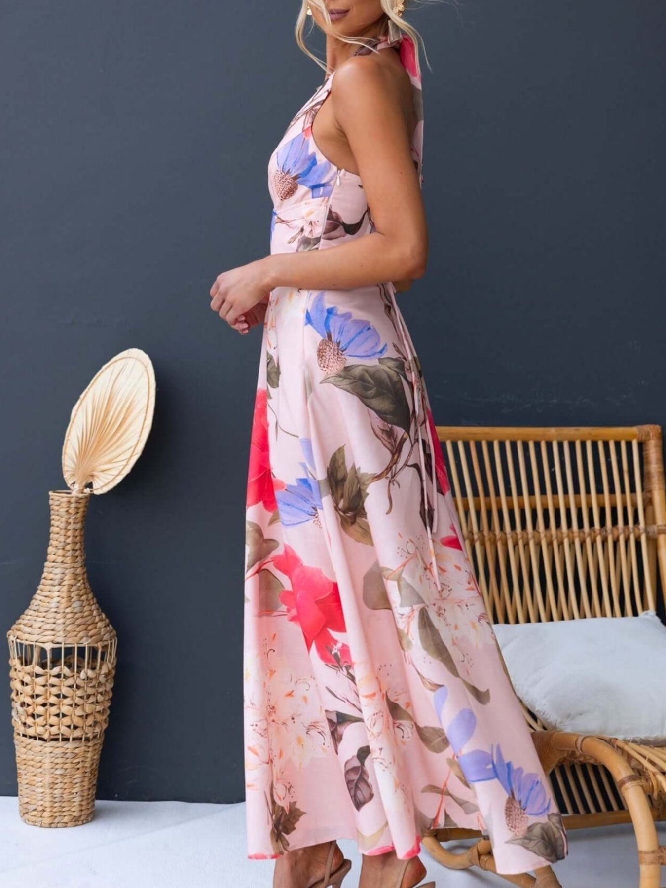 Floral Print Halter Neck Maxi Dress