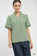 Umgee Seersucker Bubble Sleeve V-Neck Blouse