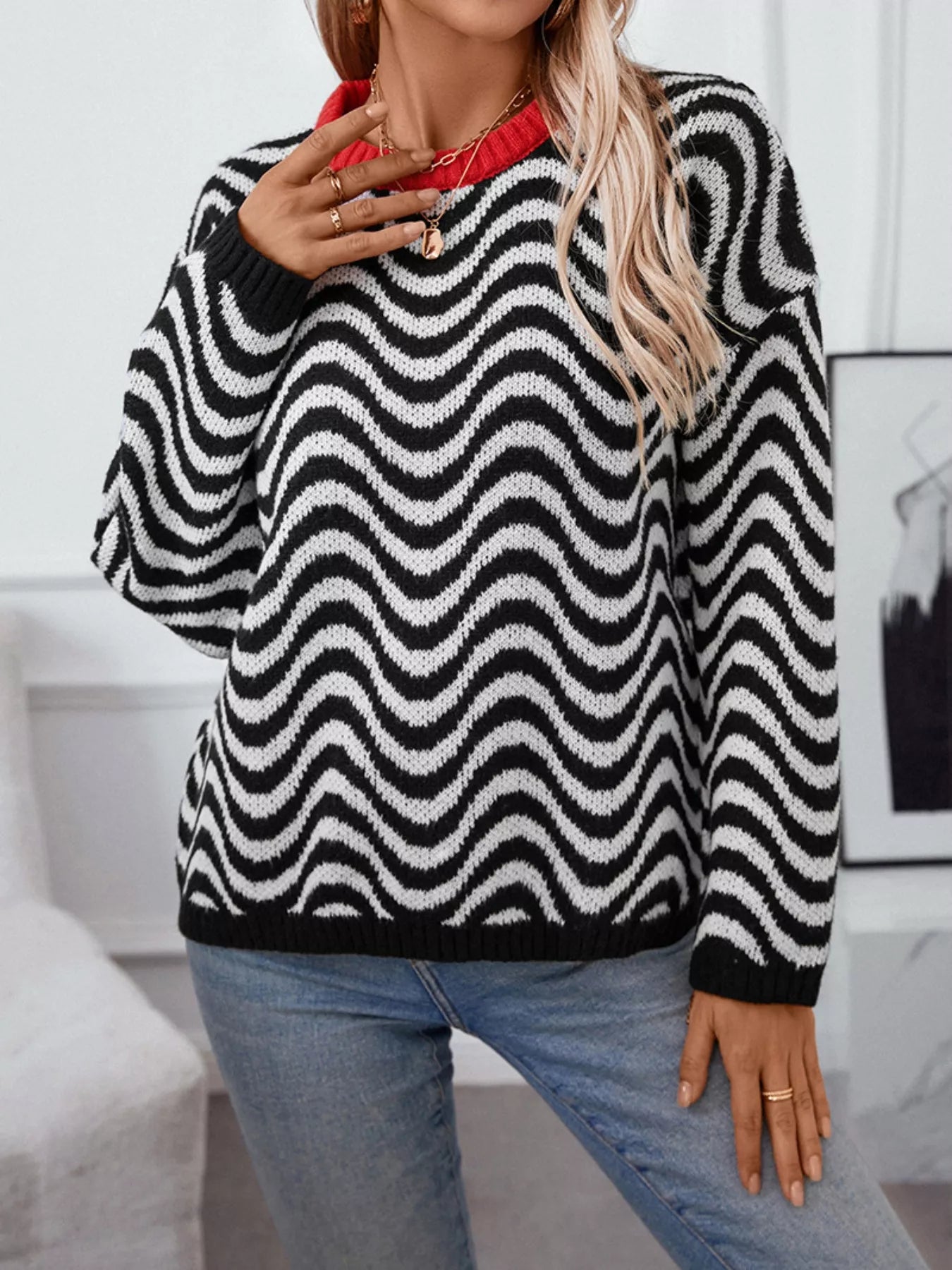 Wavy Striped Round Neck Sweater