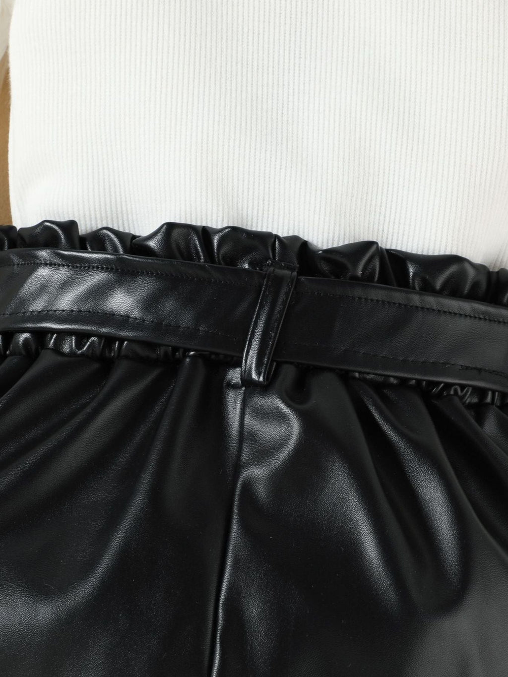 Children's Ruffled Pearl Embellished Top & Faux Leather Shorts Set with Belt