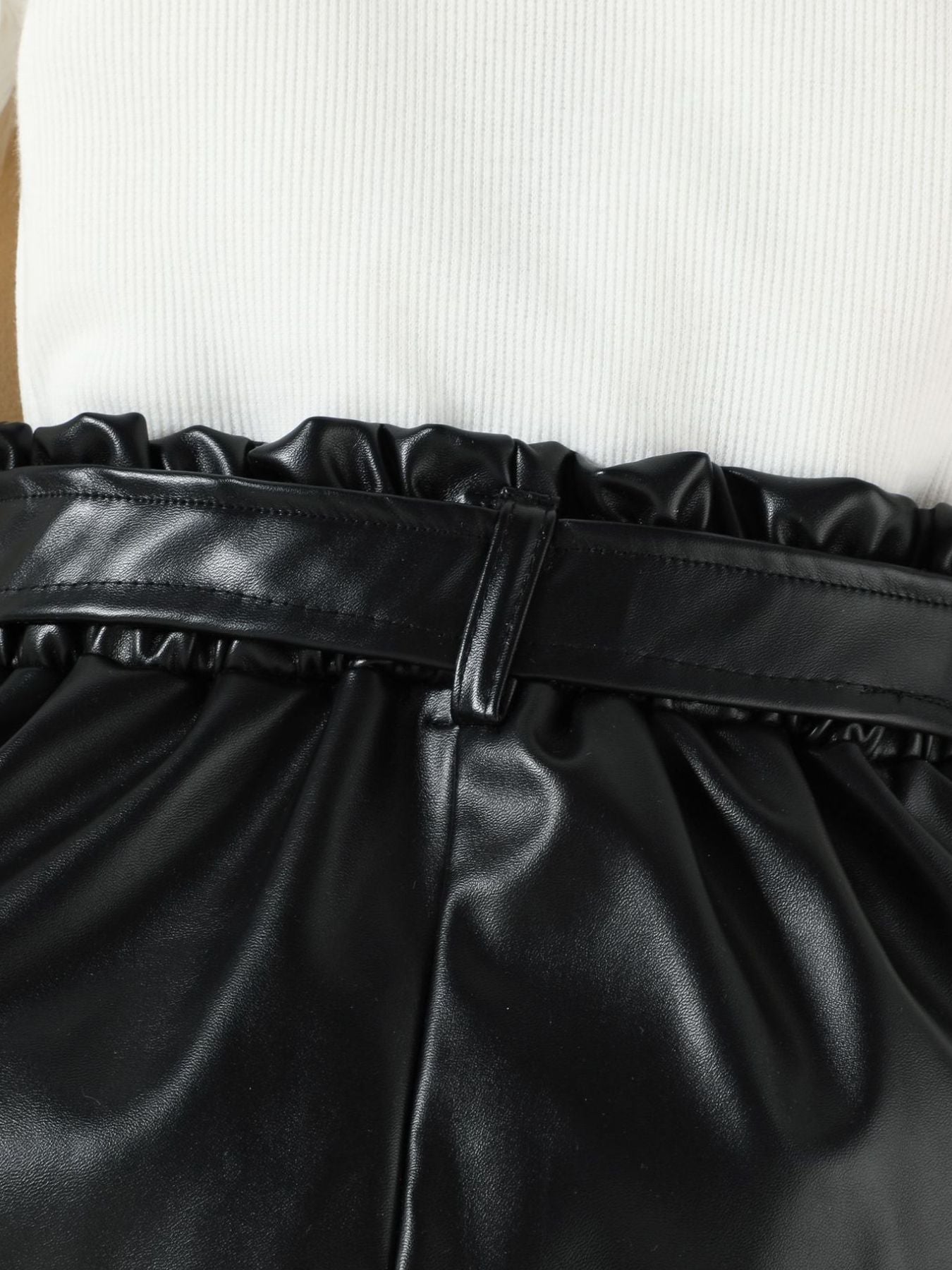 Children's Ruffled Pearl Embellished Top & Faux Leather Shorts Set with Belt