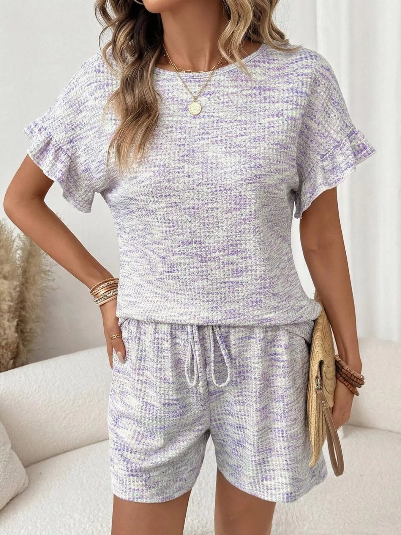 Ruffle Sleeve Textured Top and Shorts Set