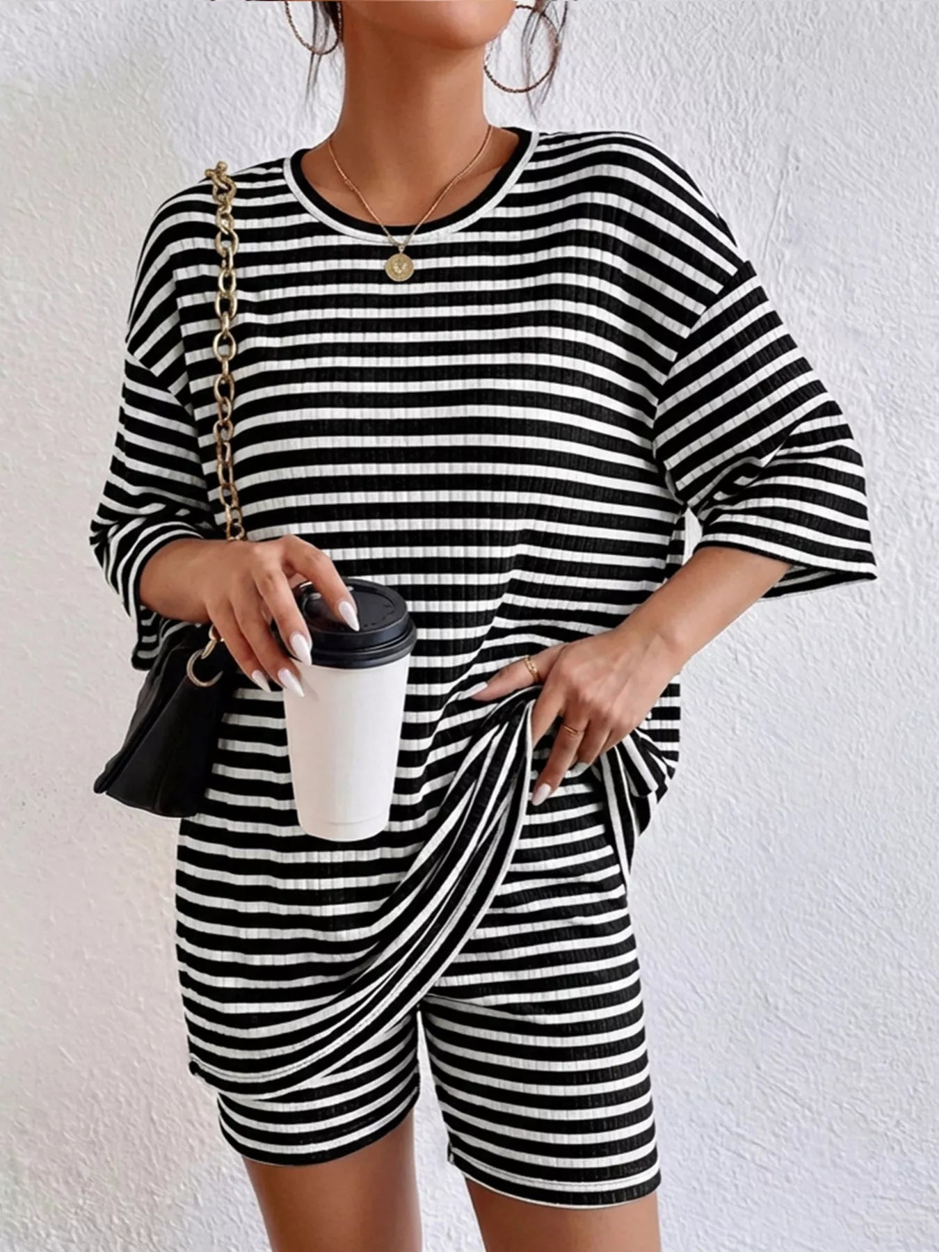 Striped Round Neck Top and Shorts Set