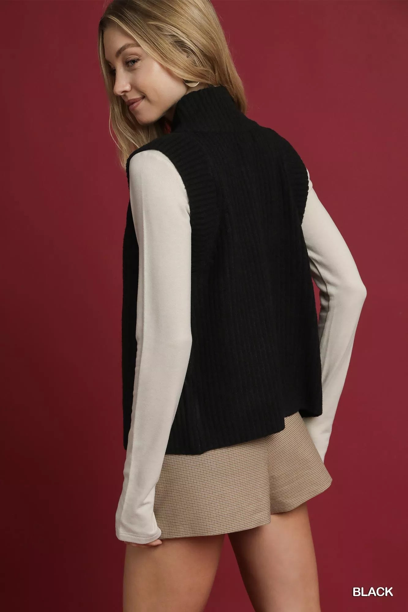 Umgee Zip-Up Sweater Vest with Ribbed Trim
