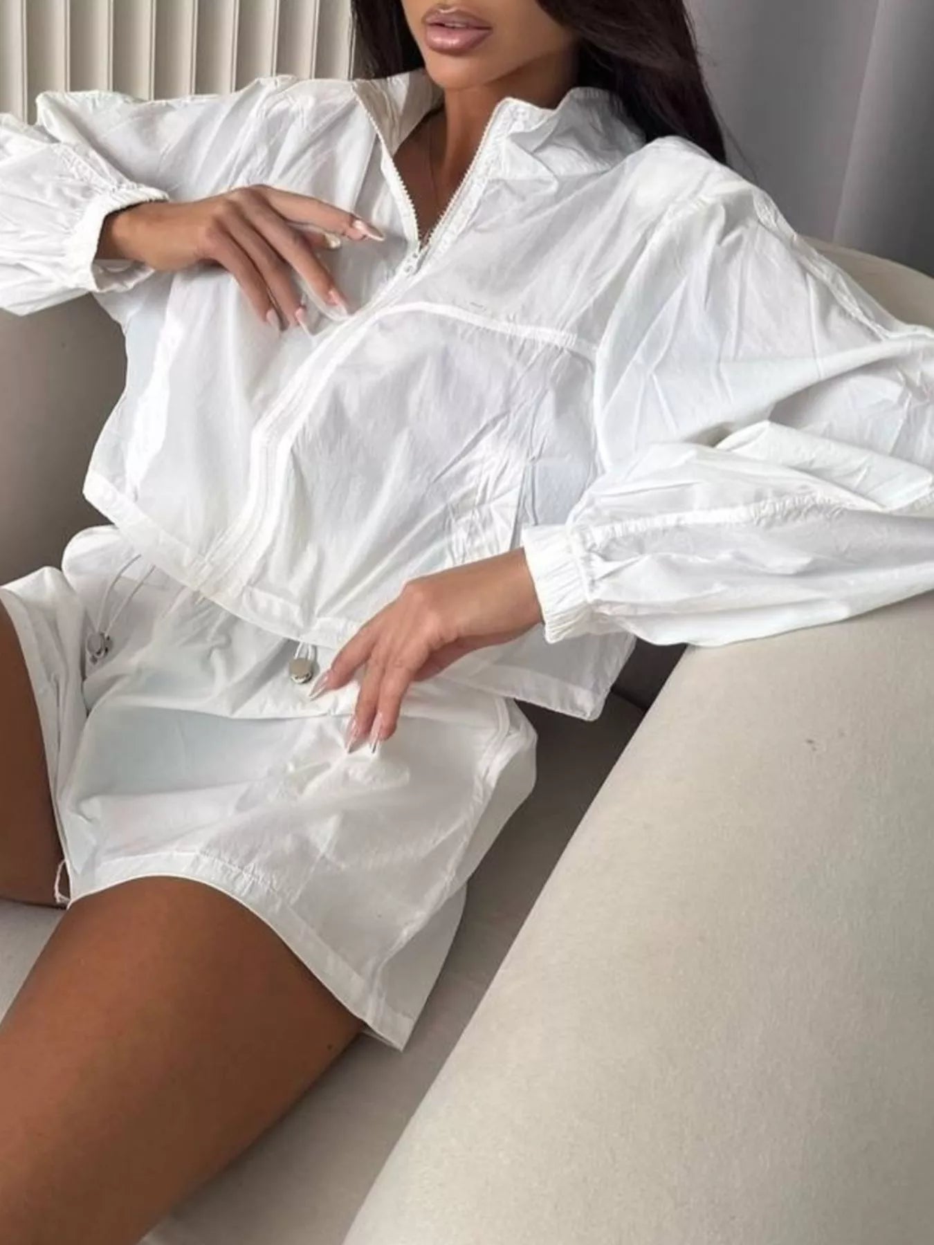 Zip Up Long Sleeve Outerwear and Shorts Set