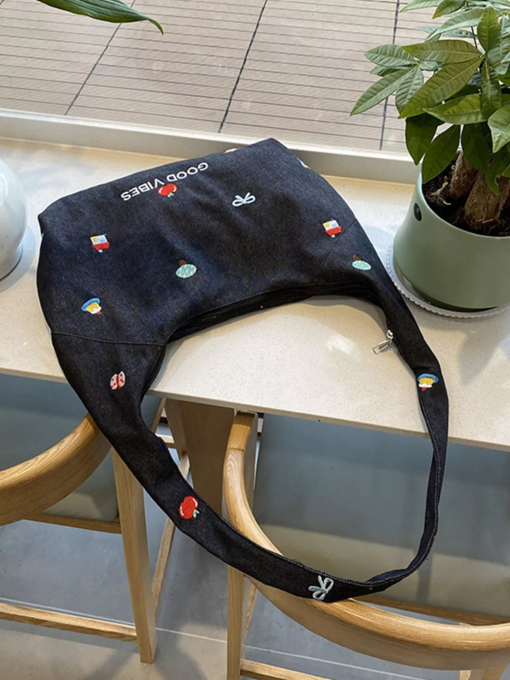 Embroidered Denim Crossbody Bag