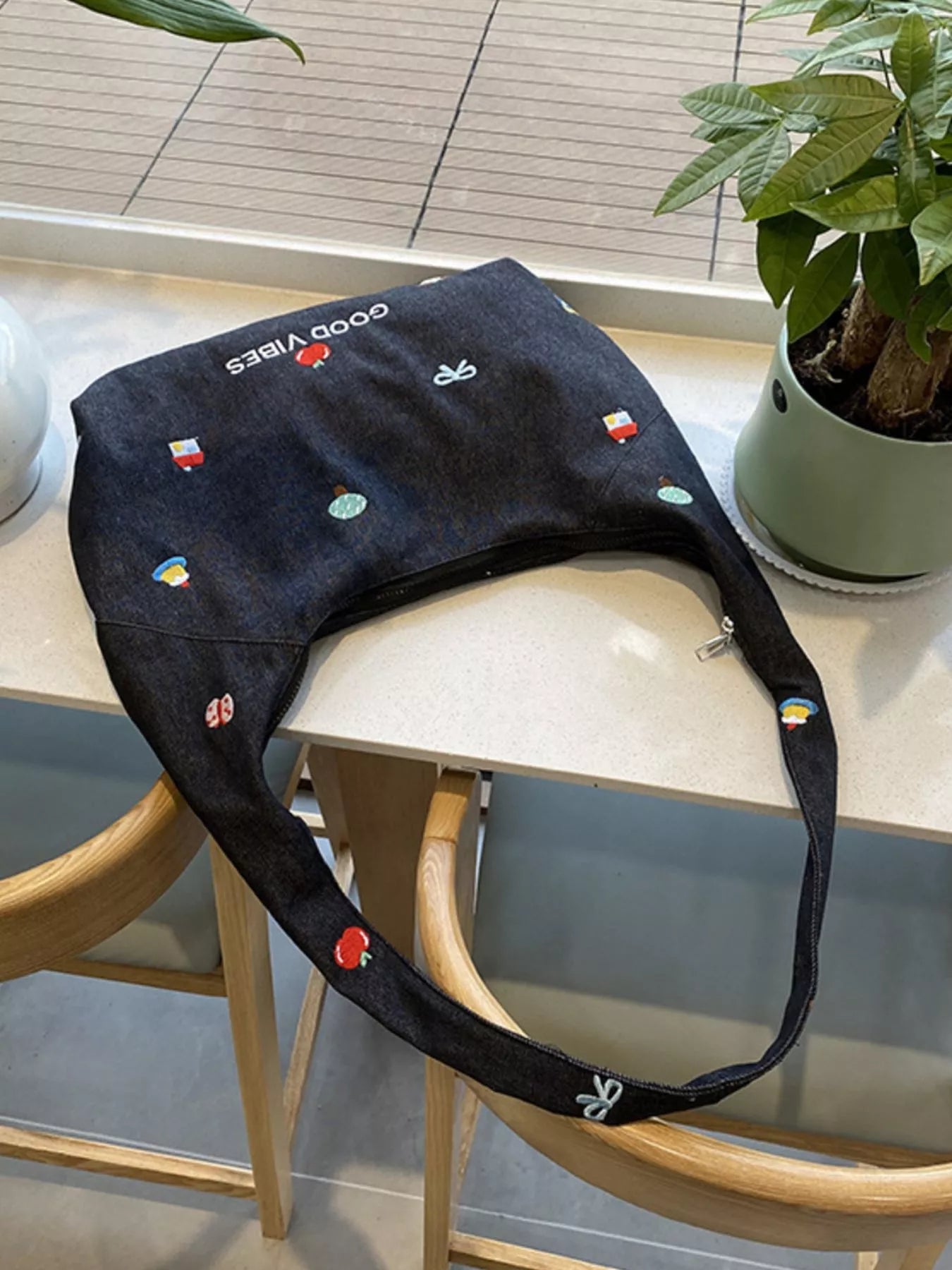Embroidered Denim Crossbody Bag