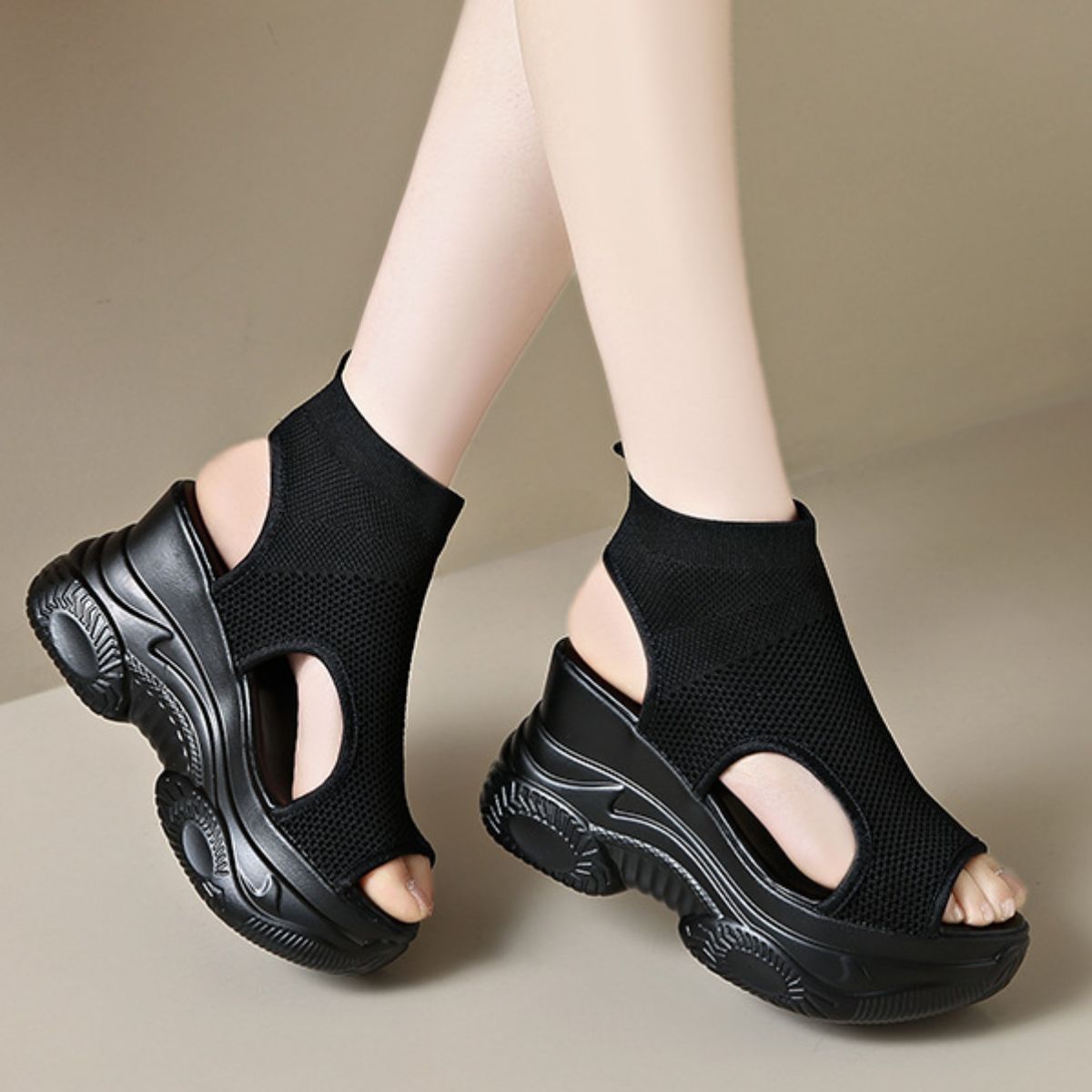 Cutout Mesh Wedge Sandals