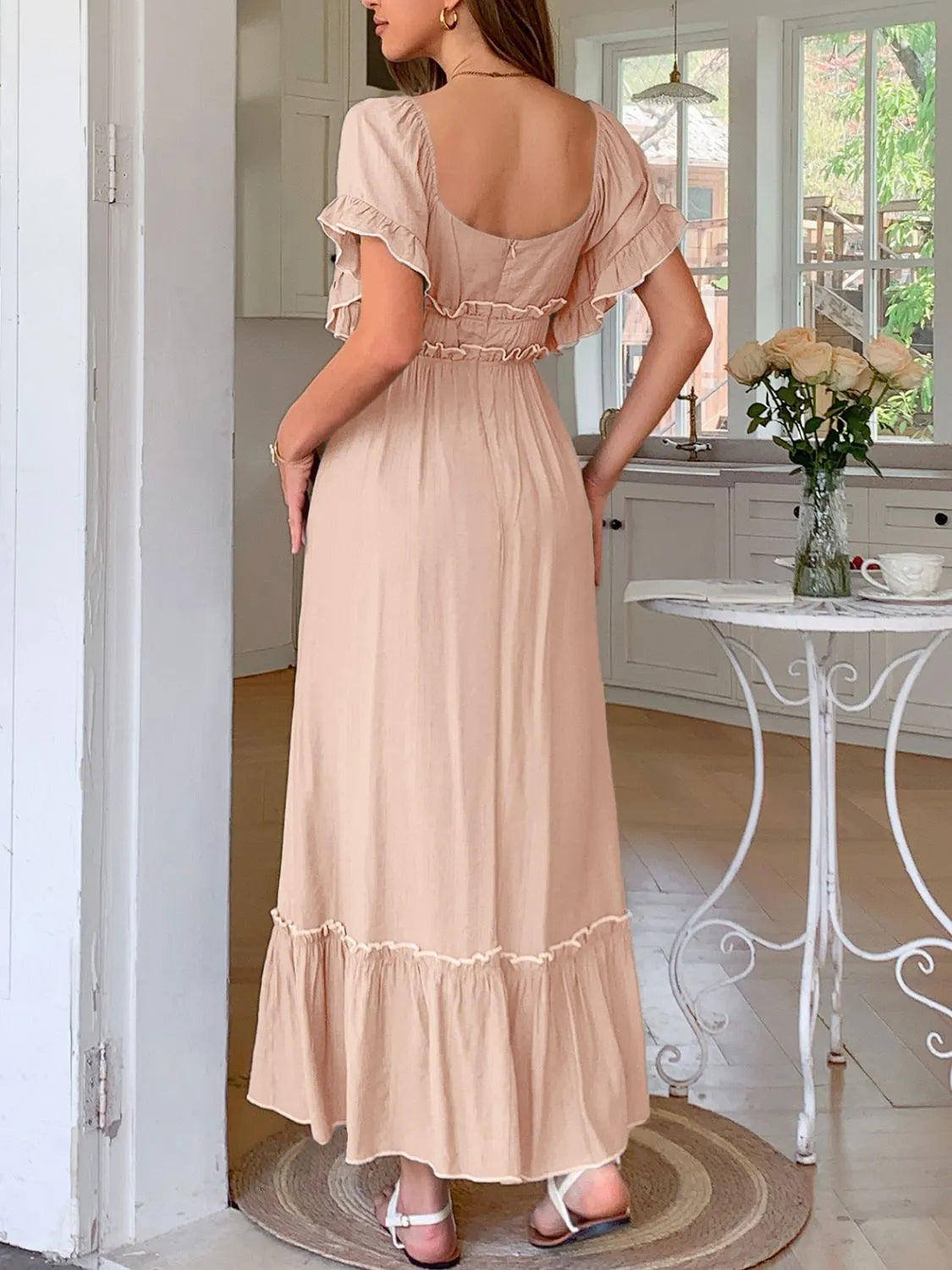 Square Neck Puff Sleeve Ruffle Trim Maxi Dress