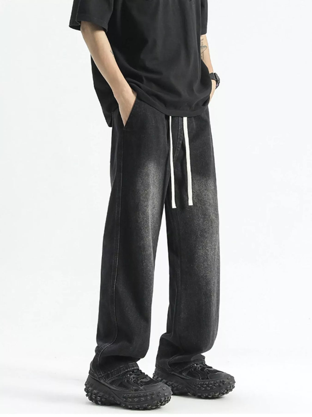Men's Full Size Washed Wide Leg Drawstring Jeans Plus Size