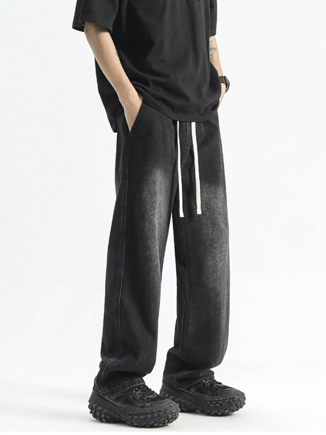 Men's Full Size Washed Wide Leg Drawstring Jeans Plus Size