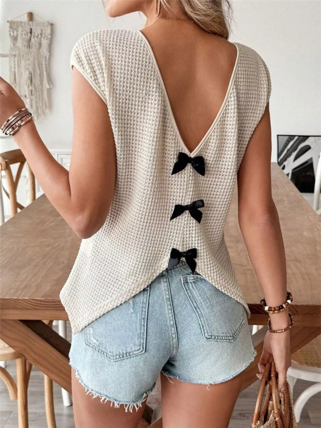Waffle Knit V-Neck Cap Sleeve Top