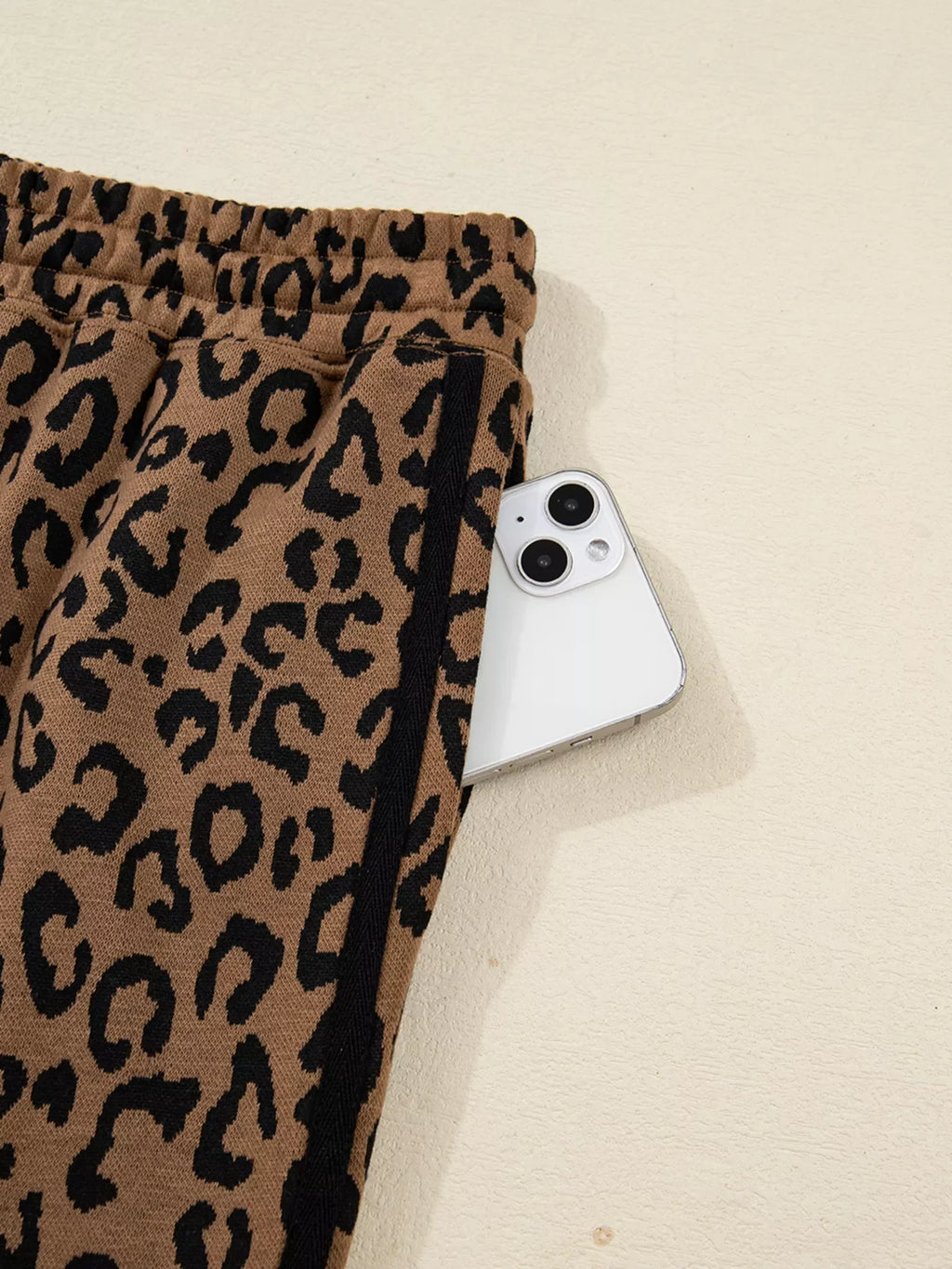Striped Trim Leopard Long Sleeve Top Drawstring Pant Set