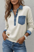Denim Collar Patchwork Long Sleeve Pullover Top