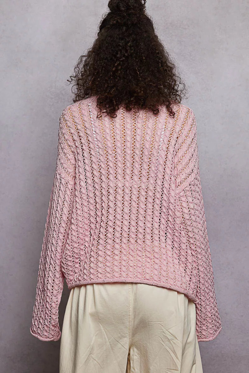 POL Openwork Round Neck Knit Top with Shiny Detail
