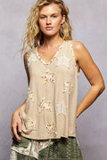 POL Washed Ribbed V-Neck Tank with Floral Print Star Patch