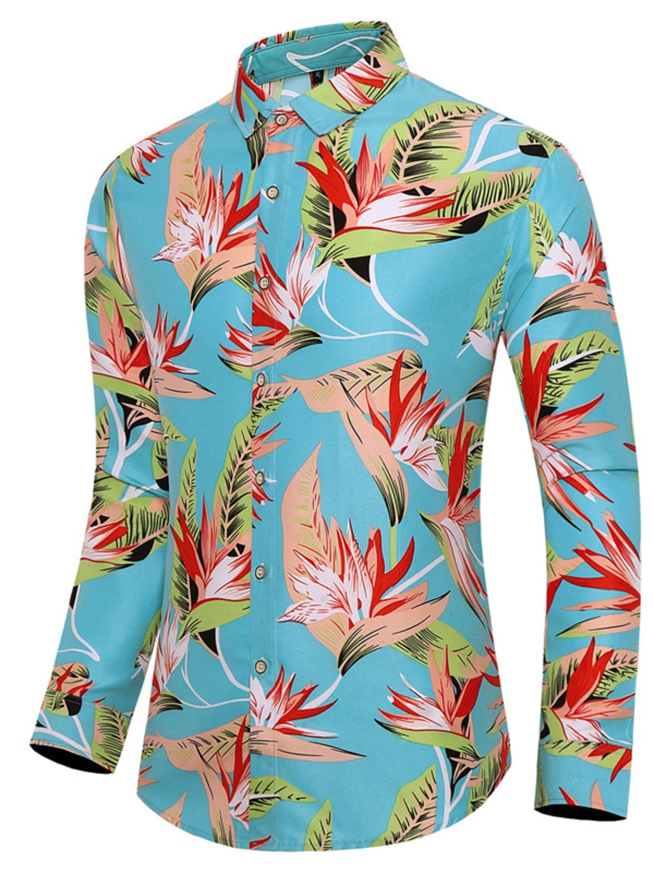 Men's Plus Size Tropical Print Long Sleeve Button-Down Shirt