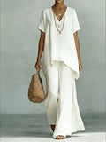 Full Size V-Neck Top and Wide-Leg Pants Set Plus Size