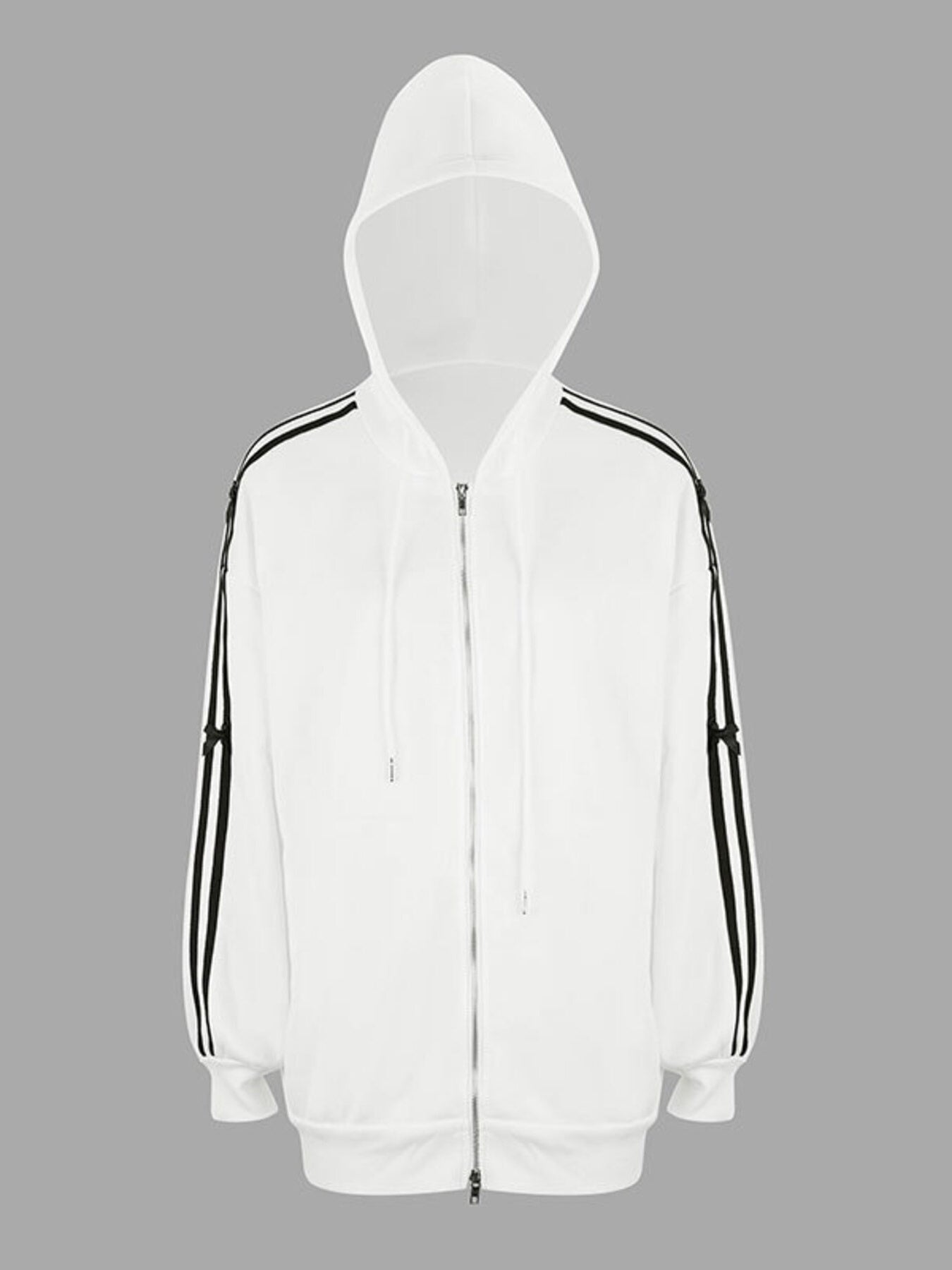 Striped Sleeve Zip-Up Drawstring Hoodie