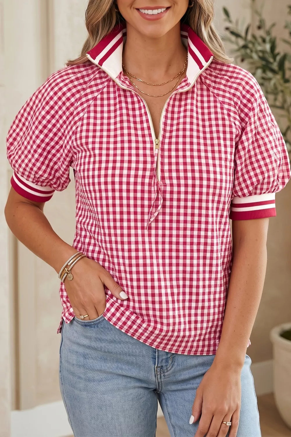 Gingham Puff Sleeve Quarter Zip Blouse