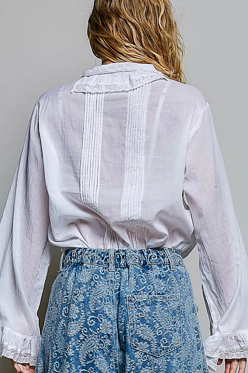 POL Woven Lace Trim Pintuck Button-Down Shirt