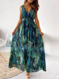 Leaf Print Sleeveless Maxi Dress