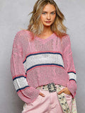 POL V-Neck Striped Pattern Cropped Knit Top with Cable Knit Detail