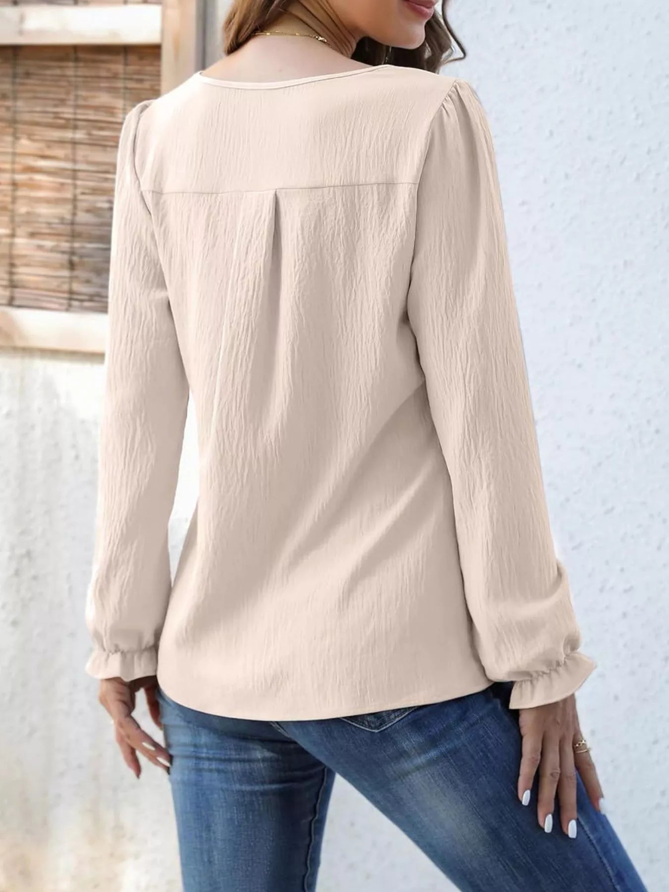 Notched Ruffle Cuff Blouse