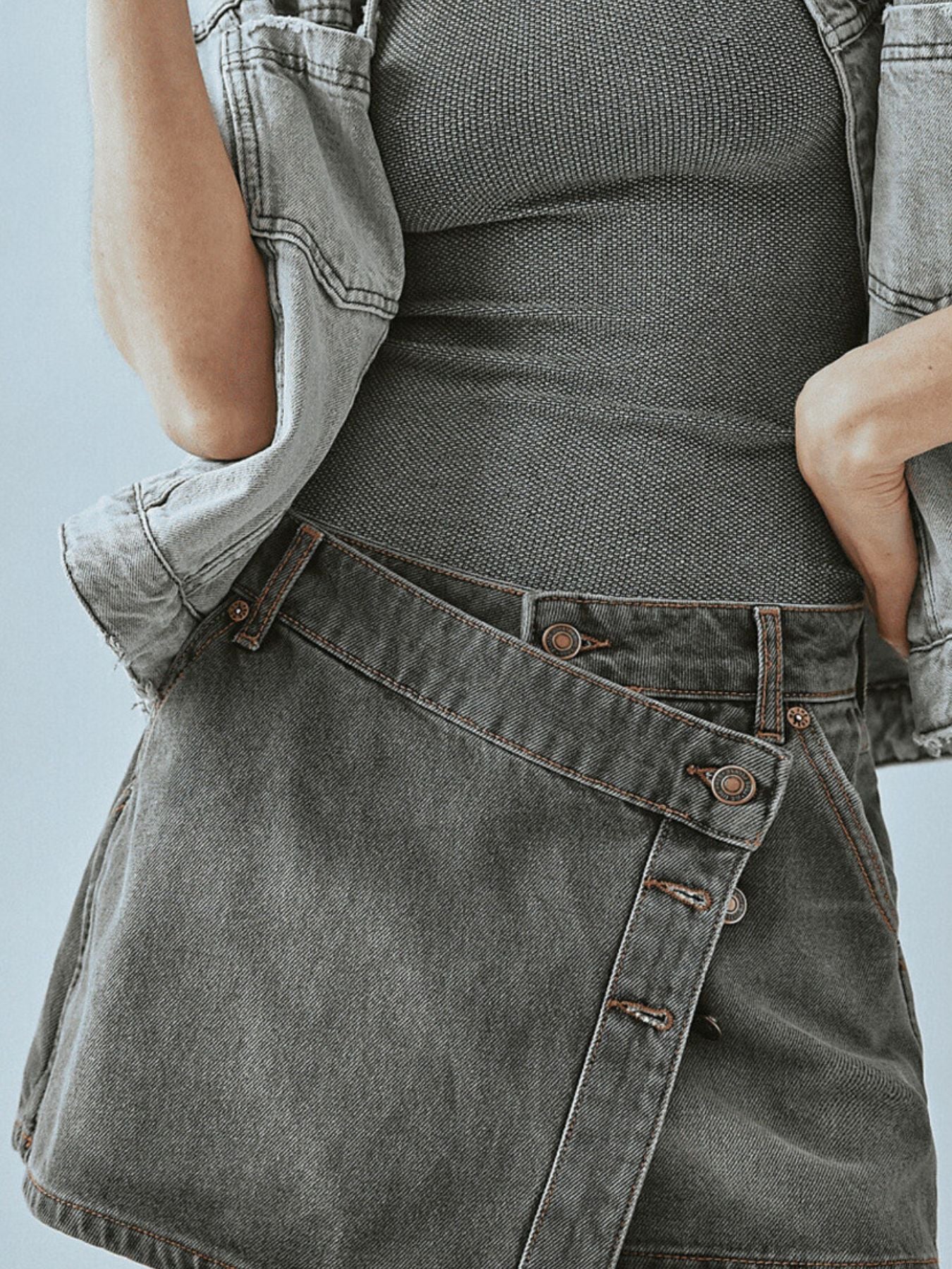 Asymmetrical Button-Front Denim Skort