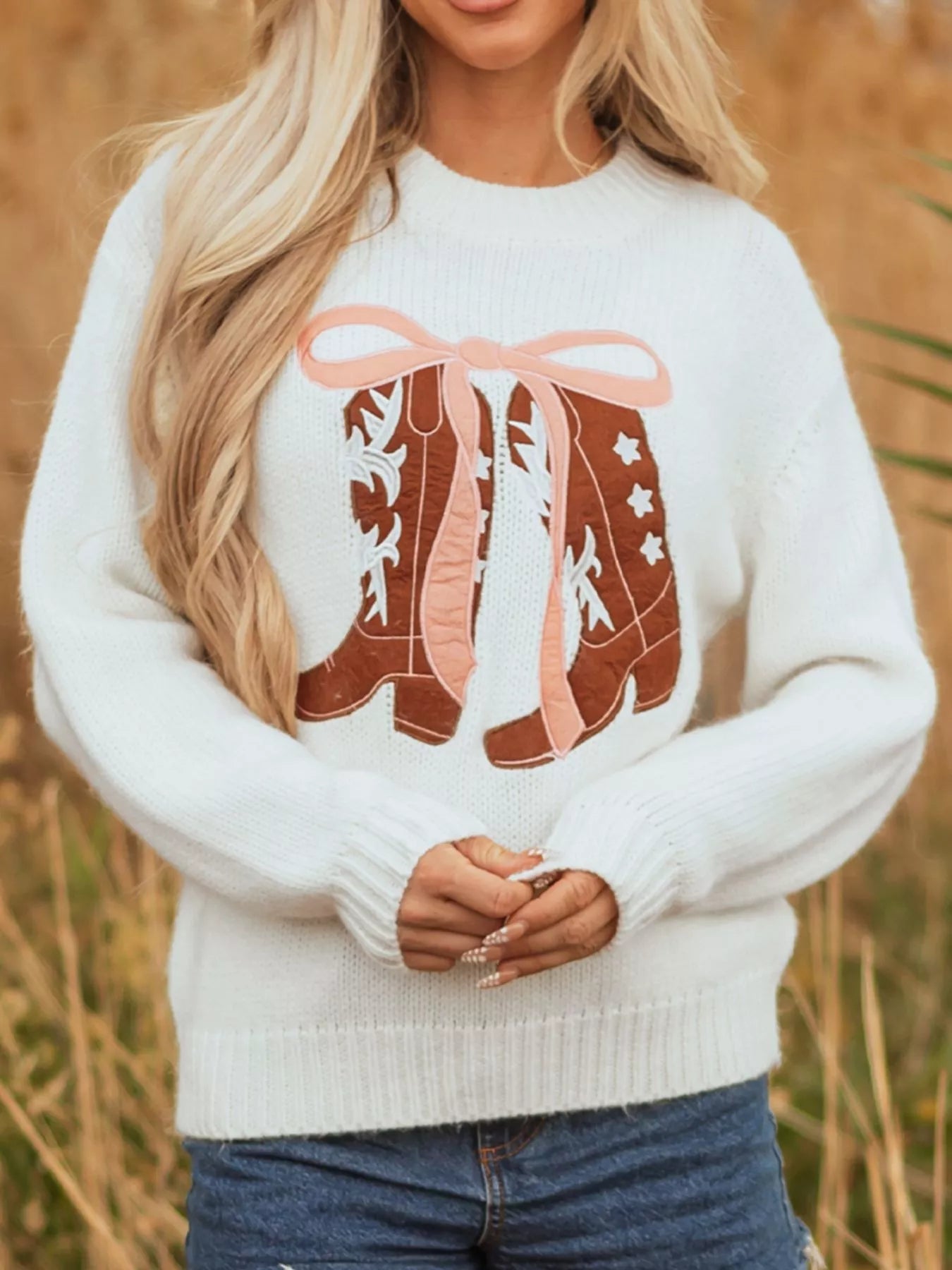 Embroidered Bow Boots Graphic Drop Shoulder Sweater