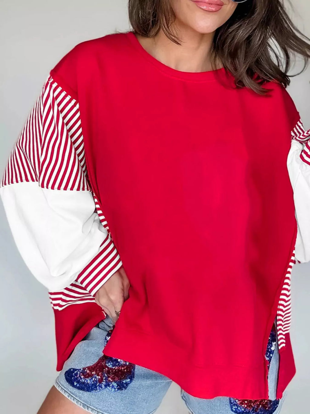 Striped Patchwork Sleeve Colorblock Sweatshirt