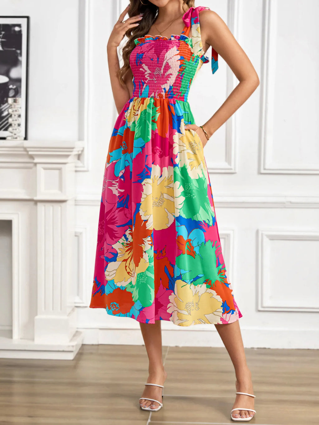 Smocked Printed Tie Shoulder Midi Dress