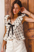 SO ME Bow Texture Jacquard Woven Top with Scallop and Tie