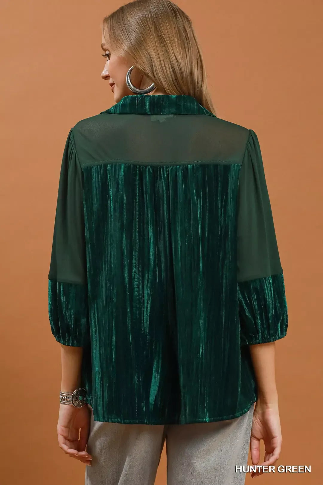 Umgee Velvet Lace Detail Mixed Fabric Blouse
