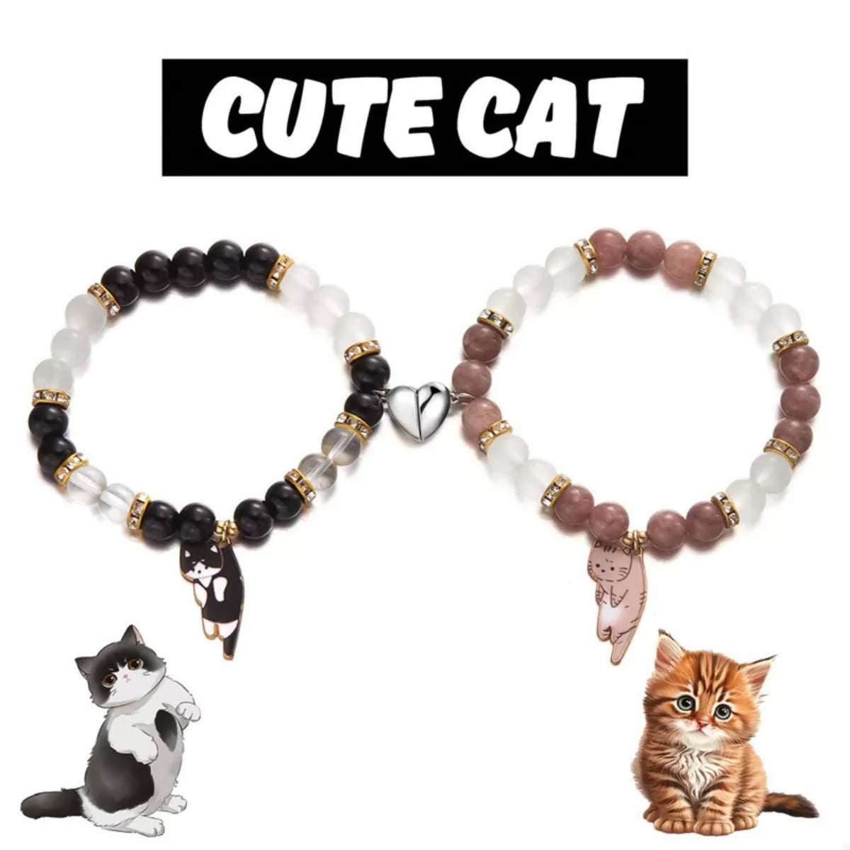 2 Piece Beaded Cat Charm Bracelet