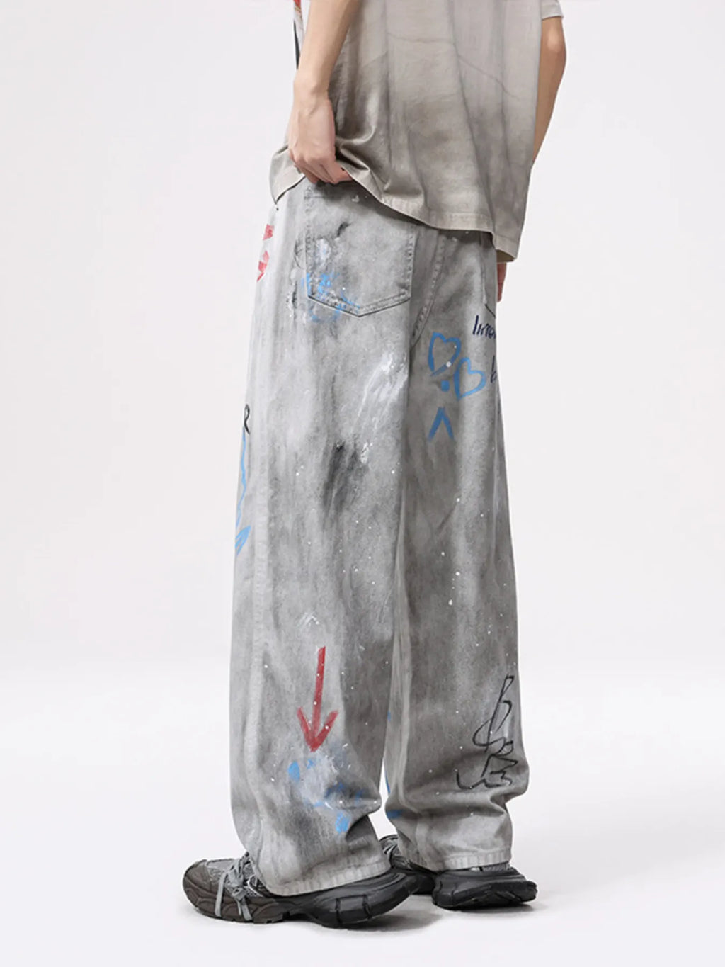 Men's Distressed Graffiti Print Wide Leg Jeans