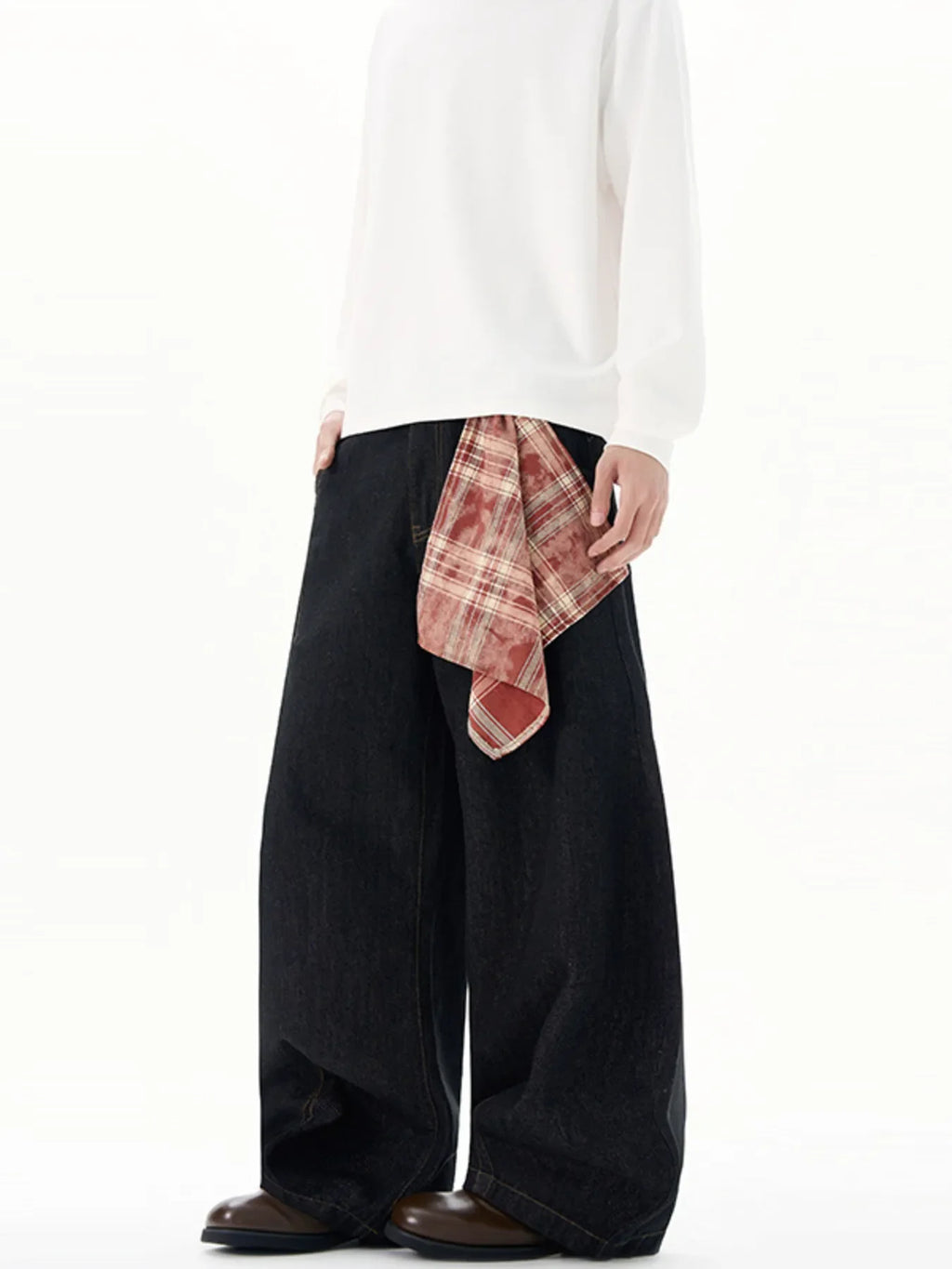 Men's Plus Size Wide Leg Jeans with Detachable Square Scarf