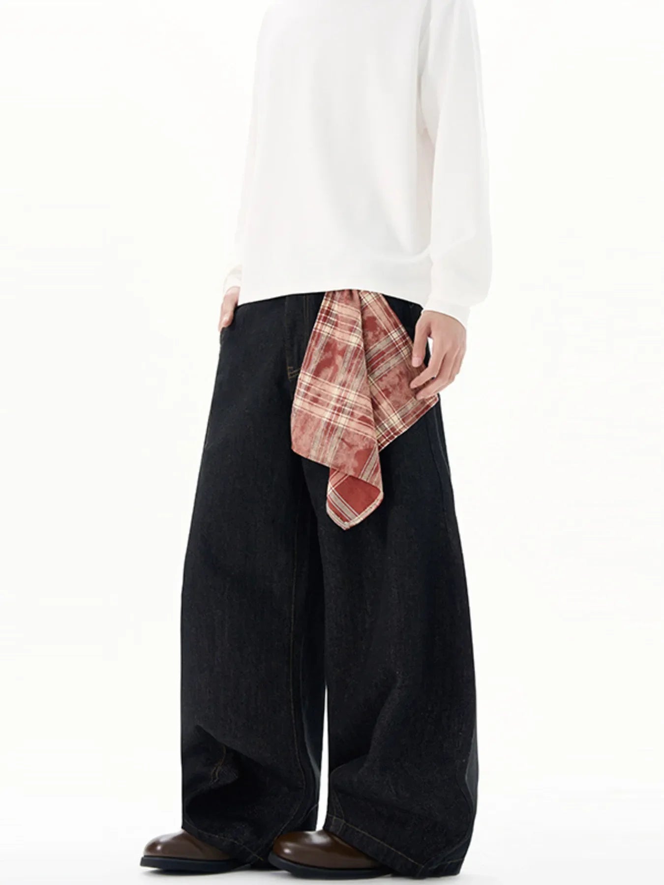 Men's Plus Size Wide Leg Jeans with Detachable Square Scarf