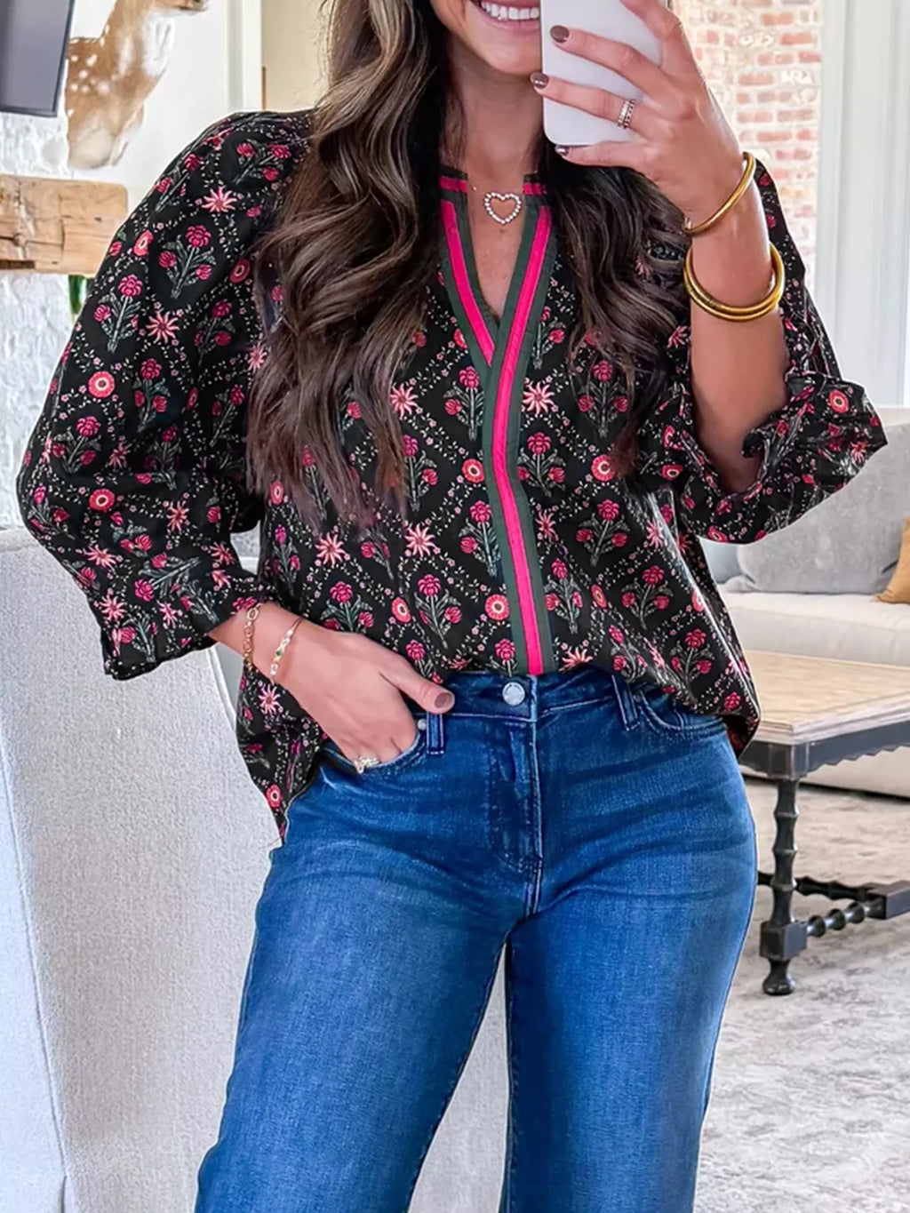 Contrast V Neckline Bracelet Sleeve Vintage Floral Blouse
